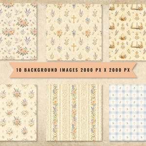 May include: A collection of six digital background patterns featuring religious and floral motifs including doves, crosses, open bibles, lavender, and roses in soft pastel tones. A central banner displays the text 10 BACKGROUND IMAGES 2000 PX X 2000 PX.