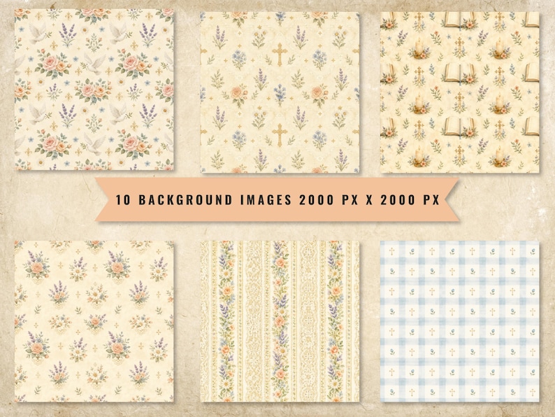 May include: A collection of six digital background patterns featuring religious and floral motifs including doves, crosses, open bibles, lavender, and roses in soft pastel tones. A central banner displays the text 10 BACKGROUND IMAGES 2000 PX X 2000 PX.