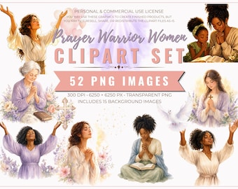 Prayer Warrior Women Clipart Set, Watercolor Faith Graphics (Digital Download)