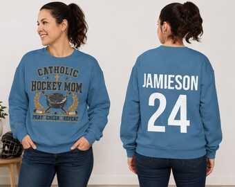 Personalized Catholic Hockey Mom Crewneck, Custom Player Name Number, Comfort Colors, Vintage Varsity Sweatshirt