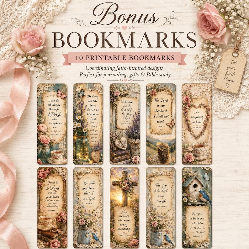 May include: Set of 10 printable bookmarks with faith-inspired designs. Each bookmark features floral accents, inspirational quotes, and decorative elements. The bookmarks are perfect for journaling, gifts, and Bible study.