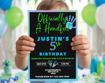Officially A Handful 5th Birthday Invitation | Funny Kids Party Invite (Canva Template)