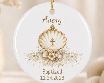 Personalized Baptism Ornament, Custom Ceramic Baptized Keepsake, Baby Baptism Gift, Godparent Gift, Shell Cross Ornament