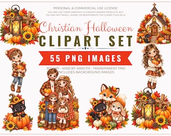 Christian Fall Clipart Bundle, Kawaii Watercolor PNGs, Pumpkins, Black Cats, Cozy Autumn Graphics