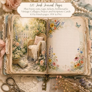 Könnte beinhalten: Ein offenes Junk-Journal mit 120 Seiten, inklusive Vintage-Collagen, Gebets- und Schriftkarten. Die linke Seite zeigt einen Korbstuhl in einem Garten, die rechte Seite bietet liniertes Papier mit Blumenrändern, einem blauen Vogel und einem Schmetterling.