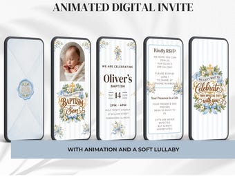 Editable Baby Boy Baptism Invitation (Animated, Soft Lullaby, Trackable RSVP)