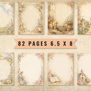 May include: A collection of 82 pages measuring 6.5 x 8 inches, featuring vintage-style stationery with floral borders, religious imagery including a dove, a cross, a Bible, a church, and a figure of Mary, all set against a textured beige background.
