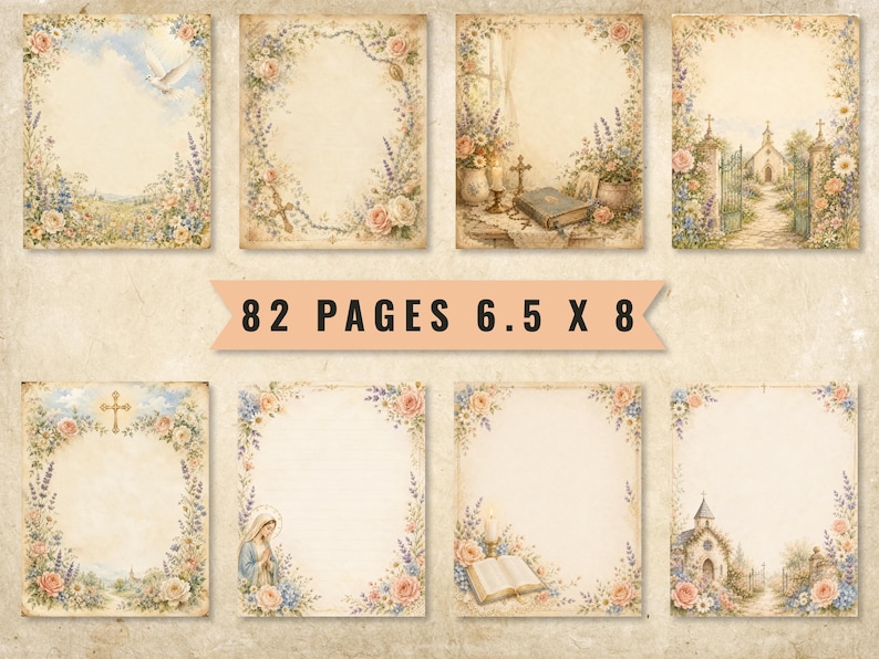 May include: A collection of 82 pages measuring 6.5 x 8 inches, featuring vintage-style stationery with floral borders, religious imagery including a dove, a cross, a Bible, a church, and a figure of Mary, all set against a textured beige background.