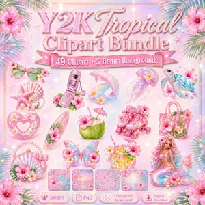 May include: A digital clipart bundle with a Y2K tropical theme. The image features various illustrations, including a mermaid, roller skates, a flip phone, and a butterfly, all in pastel pink and blue hues. Text reads "Y2K Tropical Clipart Bundle".