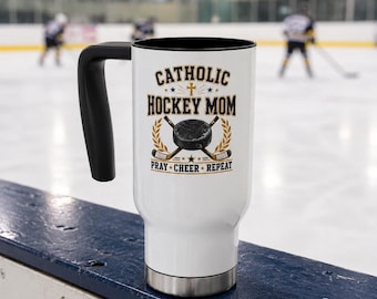 Personalized Catholic Hockey Mom Travel Mug, Pray Cheer Repeat, 14 oz Stainless Steel Cup
