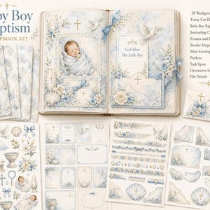Puede incluir: Un kit de álbum de recortes Baby Boy Baptism con un libro abierto que muestra ilustraciones de un bebé envuelto, palomas y cruces. El set incluye 20 papeles de fondo, elementos para recortar, tarjetas, marcos, etiquetas y sobres pequeños.