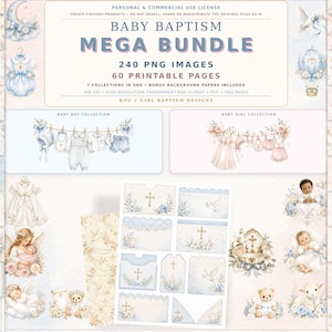 Può includere: Una collezione digitale intitolata Baby Baptism Mega Bundle che include 240 immagini PNG e 60 pagine stampabili. La grafica include illustrazioni ad acquerello di abbigliamento per neonati, angeli, croci, colombe e motivi floreali in blu e rosa.