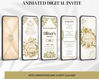 Baptism Digital Animated Invite with Soft Audio Lullaby, RSVP Tracker Included, Canva Template
