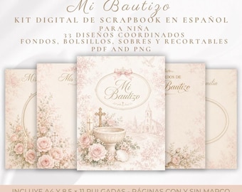 Spanish Baptism Scrapbook Kit for Girl, Mi Bautizo Digital Album, Catholic Christening Pages, A4 and 8.5x11 Printable