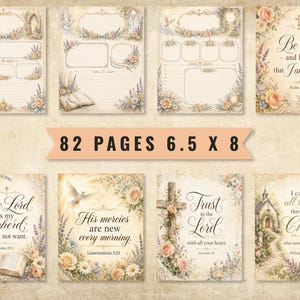 May include: A collection of 82 printable pages measuring 6.5 by 8 inches, featuring vintage-style floral borders, religious imagery including crosses, doves, and churches, and various Bible verses written in elegant script and serif typography.