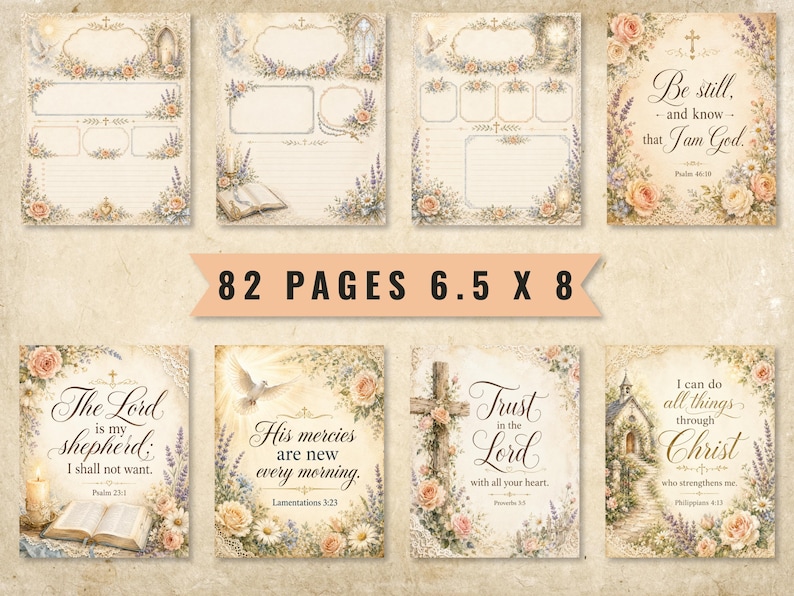 May include: A collection of 82 printable pages measuring 6.5 by 8 inches, featuring vintage-style floral borders, religious imagery including crosses, doves, and churches, and various Bible verses written in elegant script and serif typography.