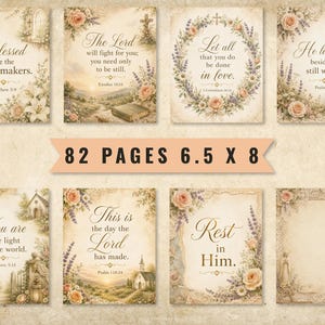 May include: A collection of 82 pages measuring 6.5 x 8 inches, featuring vintage-style illustrations with floral borders and religious text. Each page displays script lettering, soft pastel colors, and landscape scenes including churches and gardens.