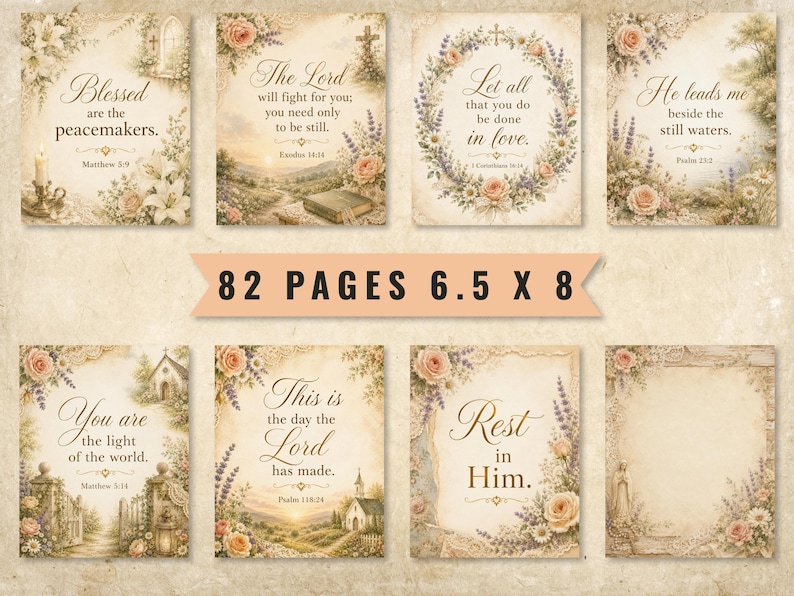 May include: A collection of 82 pages measuring 6.5 x 8 inches, featuring vintage-style illustrations with floral borders and religious text. Each page displays script lettering, soft pastel colors, and landscape scenes including churches and gardens.