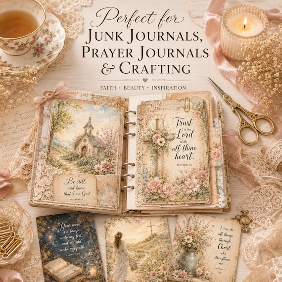 Faith Junk Journal Pages, Vintage Watercolor Scripture Bible Journaling Kit (Digital Download)