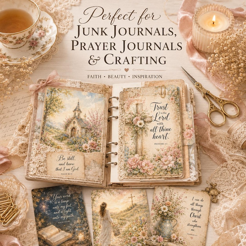 May include: An open junk journal with decorative pages featuring floral and landscape illustrations. The journal is surrounded by embellishments like lace, a teacup, and a lit candle. Text on the pages includes inspirational quotes.