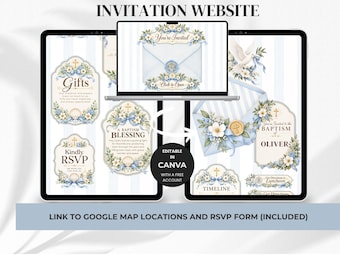 Baby Boy Baptism Invitation Website, Trackable RSVP Form (Canva Template)