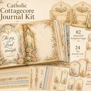 Peut inclure: Un kit de journal catholique Cottagecore comprenant un livre ouvert avec le texte The joy of the Lord is my strength, Nehemiah 8:10. L'ensemble inclut 82 pages de journal et d'écriture, 24 cartes de 3x4, des enveloppes et des bandes de papier floral.