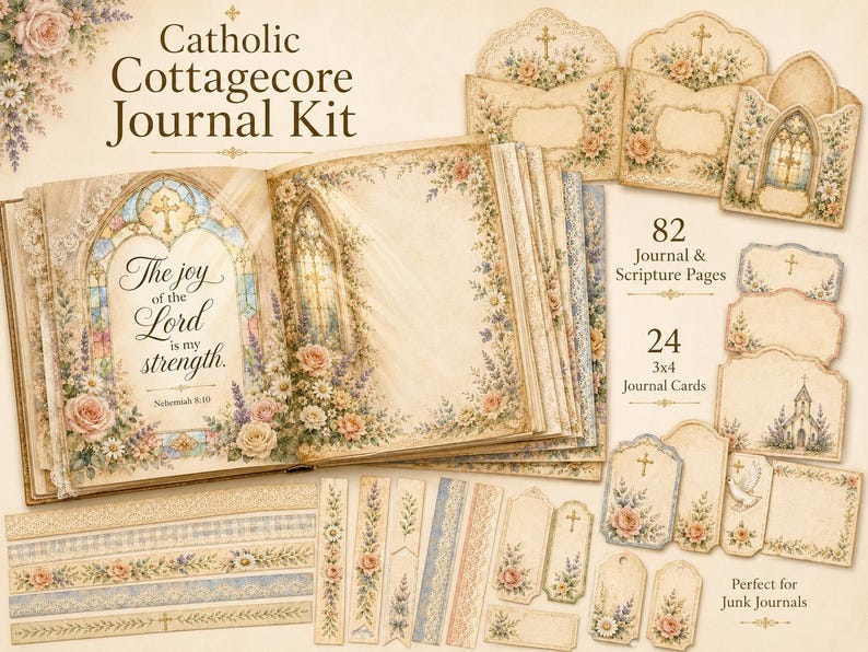 May include: A Catholic Cottagecore Journal Kit featuring an open book with the text The joy of the Lord is my strength, Nehemiah 8:10. The set includes 82 journal and scripture pages, 24 3x4 journal cards, decorative envelopes, and floral paper strips.