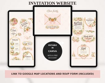 Girl Baptism Invitation Website, with trackable RSVP Form (Editable Canva Template)