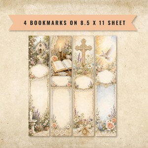 May include: Four bookmarks on an 8.5 x 11 inch sheet featuring religious and floral illustrations. Designs include a church, an open book with a candle, a golden cross, and a white dove, all surrounded by soft-toned flowers and lace patterns.
