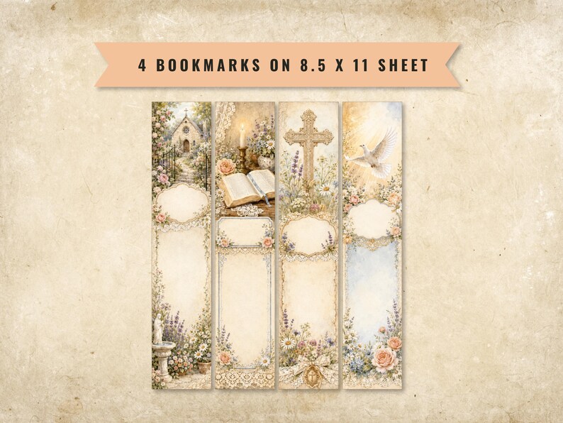 May include: Four bookmarks on an 8.5 x 11 inch sheet featuring religious and floral illustrations. Designs include a church, an open book with a candle, a golden cross, and a white dove, all surrounded by soft-toned flowers and lace patterns.
