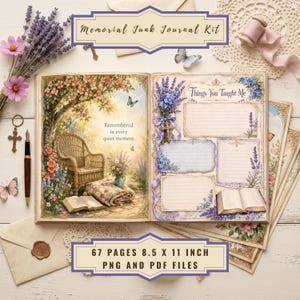 Könnte beinhalten: Ein Memorial Junk Journal Kit mit 67 Seiten als PNG- und PDF-Dateien im Format 8,5 x 11 Zoll. Das aufgeschlagene Journal zeigt Illustrationen eines Korbsessels, Lavendel, Schmetterlingen und den Text "Remembered in every quiet moment".