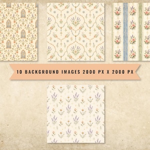 May include: A collection of four square digital background images featuring floral and architectural patterns in cream, blue, green, and pink tones. The text 10 BACKGROUND IMAGES 2000 PX X 2000 PX is displayed on a peach-colored banner across the center.
