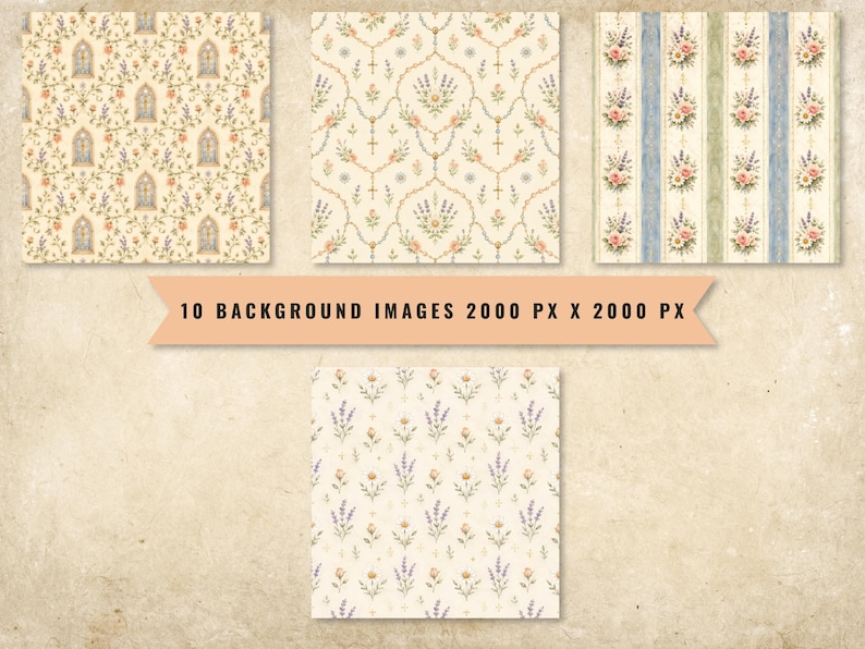 May include: A collection of four square digital background images featuring floral and architectural patterns in cream, blue, green, and pink tones. The text 10 BACKGROUND IMAGES 2000 PX X 2000 PX is displayed on a peach-colored banner across the center.