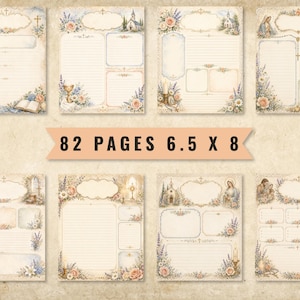May include: A collection of 82 pages measuring 6.5 x 8 inches, featuring religious-themed stationery with floral borders, crosses, churches, and figures. Each page includes lined sections, blank frames, and decorative elements in soft, muted tones.