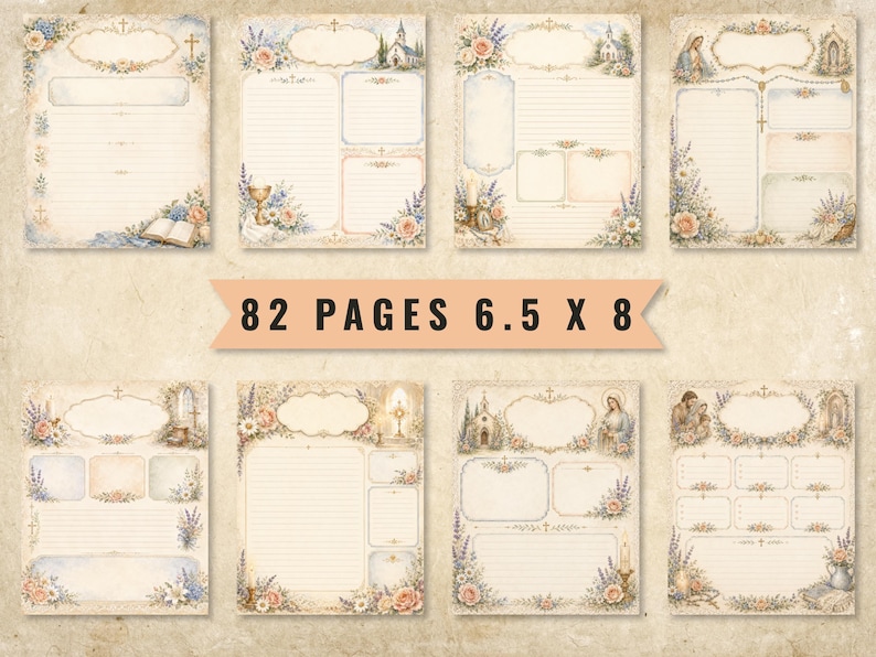 May include: A collection of 82 pages measuring 6.5 x 8 inches, featuring religious-themed stationery with floral borders, crosses, churches, and figures. Each page includes lined sections, blank frames, and decorative elements in soft, muted tones.