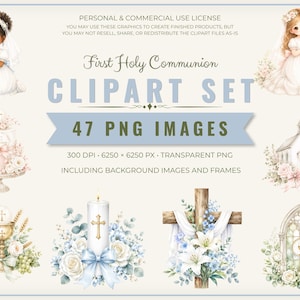 First Holy Communion Watercolor Clipart Bundle, Transparent Backgrounds, Children, Chalice, Bible, Church Elements (Digital Download)