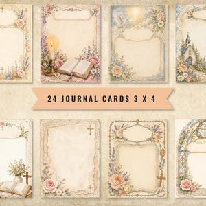 May include: A collection of 24 journal cards measuring 3 x 4 inches, featuring religious and floral illustrations. Designs include open books, candles, crosses, churches, stained glass, and roses on aged parchment backgrounds with lace-like borders.