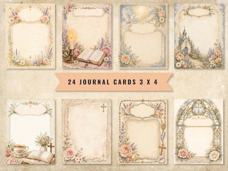 May include: A collection of 24 journal cards measuring 3 x 4 inches, featuring religious and floral illustrations. Designs include open books, candles, crosses, churches, stained glass, and roses on aged parchment backgrounds with lace-like borders.