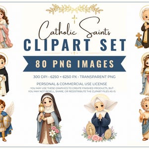 May include: A digital collection of 80 Catholic Saints clipart images in PNG format. The set features various illustrated figures including saints, angels, and religious icons with halos, presented in a cartoon style with text labels.