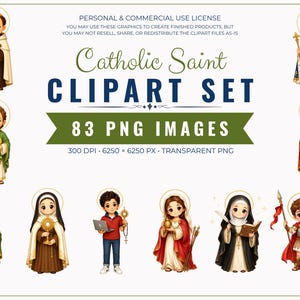 May include: A digital collection of 83 Catholic Saint clipart images in PNG format. The set features various illustrated figures of saints in a chibi style, each with a golden halo, displayed against a white background with descriptive text.