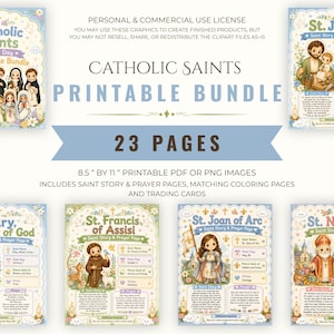 May include: A Catholic Saints printable bundle featuring 23 pages of 21.6 by 27.9 cm PDF or PNG files. The collection includes illustrated saint story and prayer pages, colouring pages, and trading cards depicting figures like St. Joseph and Mary.