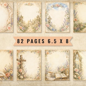 May include: A collection of 82 pages measuring 6.5 x 8 inches, each featuring a vintage-style cream background decorated with floral borders, lavender sprigs, religious symbols like crosses, open books, tea cups, and pastoral landscape illustrations.