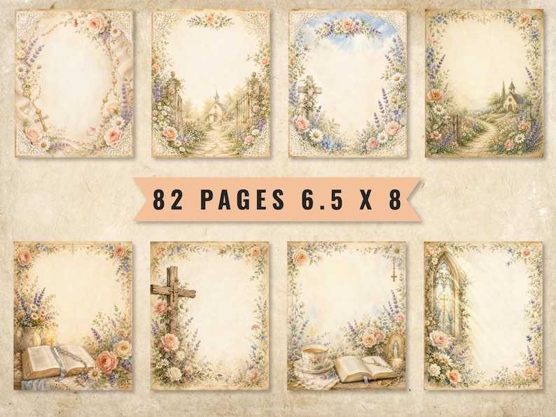 May include: A collection of 82 pages measuring 6.5 x 8 inches, each featuring a vintage-style cream background decorated with floral borders, lavender sprigs, religious symbols like crosses, open books, tea cups, and pastoral landscape illustrations.