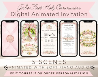 Girl's First Holy Communion Animated Invitation, Pink Floral Canva Template (Digital Video Invite)