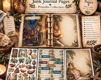 Puede incluir: Una colección de diario basura imprimible titulada Parables of Jesus con 107 páginas en formatos PDF y PNG. El conjunto incluye páginas ilustradas, efímeros, recortes y tiras de palabras, con unas dimensiones de 21,6 por 27,9 cm.