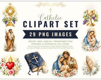 Könnte beinhalten: Ein katholisches Clipart-Set mit 29 PNG-Bildern, darunter eine goldene Monstranz, ein Kelch mit Weintrauben, der heilige Josef mit dem Jesuskind, die Jungfrau Maria mit dem Jesuskind, ein heiliges Herz, eine blaue Bibel mit Rosenkranz und betende Hände.