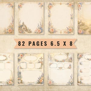 May include: A collection of 82 pages measuring 6.5 x 8 inches, featuring vintage-style stationery with floral borders, religious imagery including churches, crosses, and rosaries, and various layouts with lined sections and blank frames for writing.