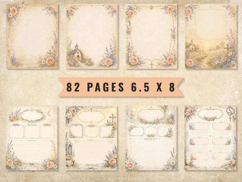May include: A collection of 82 pages measuring 6.5 x 8 inches, featuring vintage-style stationery with floral borders, religious imagery including churches, crosses, and rosaries, and various layouts with lined sections and blank frames for writing.