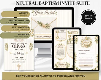 Neutral Baptism Invitation Suite, Canva Website, Animated Digital Invite (5x7 Printable)