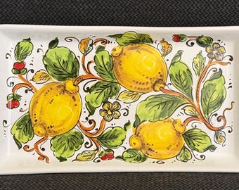 Nova Deruta Italian Ceramic Handpainted Lemons + Leaves Modern Tuscan Appetizer Serving Tray - Amalfi Coast Decor
